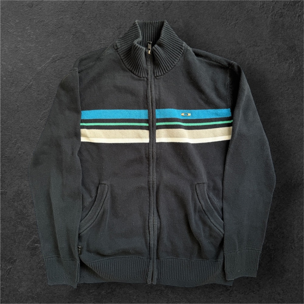 Oakley Full Zip Knit Sweater Men's Small Black  Mock Neck Striped Charcoal